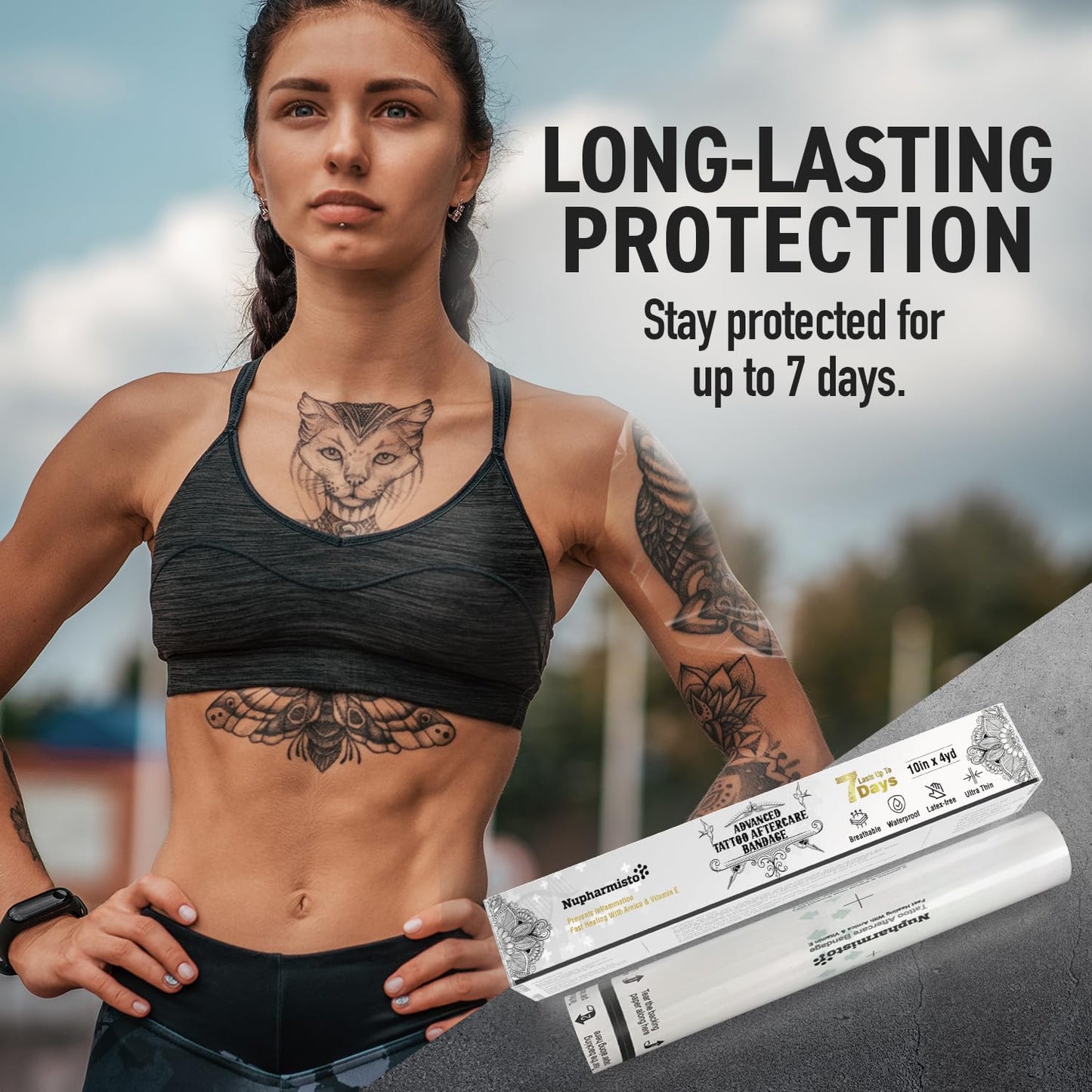 Tattoo Aftercare Bandage For Skin Waterproof: 10 in x 4yd Second Skin Cover Fast Healing With Arnica & Vitamin E - Sterile Aftercare Wrap For New Tattoo For Swimming Shower For Man Women (10 in x 4yd)