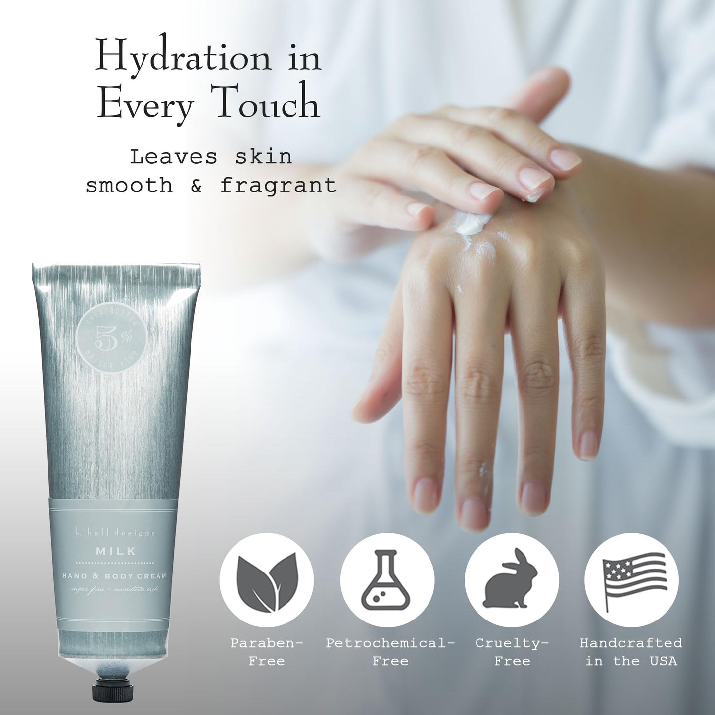 K. Hall Designs Milk Hand & Body Cream, Creamy-Sweet Scent with Coconut & Vanilla, Shea Butter Lotion for Men & Women, Relieves Dry Skin & Cracked Hands, 3.4 fl oz