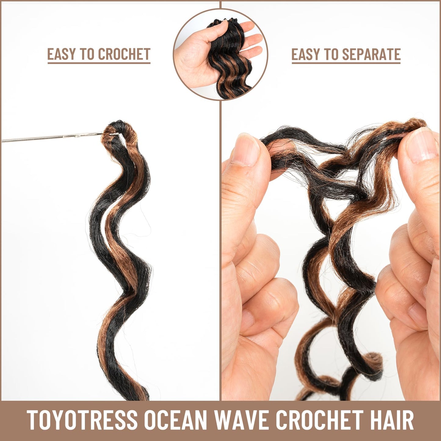 Toyotress Ocean Wave Crochet Hair - 12 Inch 8 Packs Black Mix Brown Highlight Crochet Braids Deep Twist Synthetic Braiding Hair Extensions (12 Inch, P1B/30-8P)
