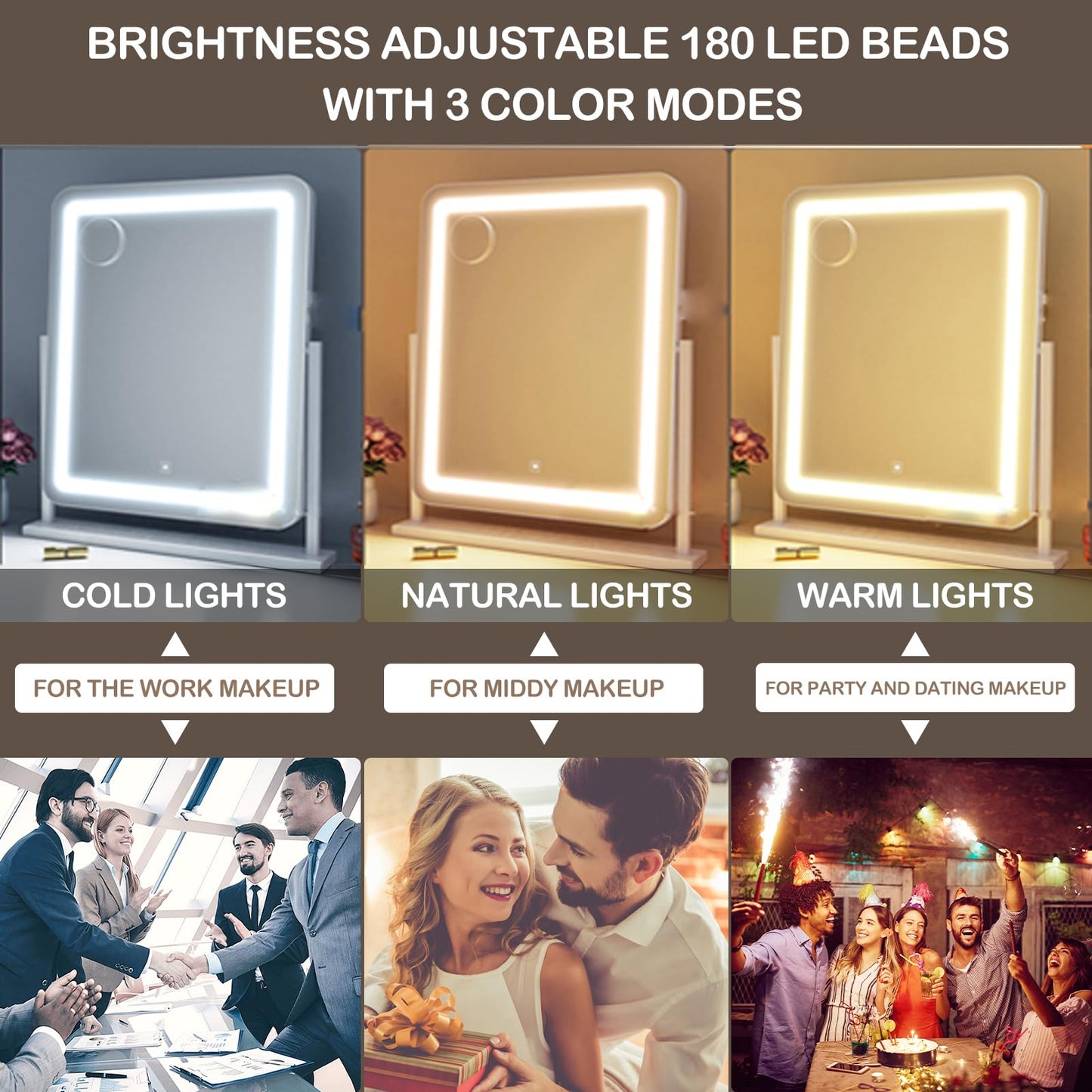 Gvnkvn Lighted Makeup Mirror, Hollywood Vanity Mirror with Lights, Three Color Lighting Modes, and Detachable 10X Magnification Mirror, Smart Touch Control, 360°Rotation (15.2in. Gold)