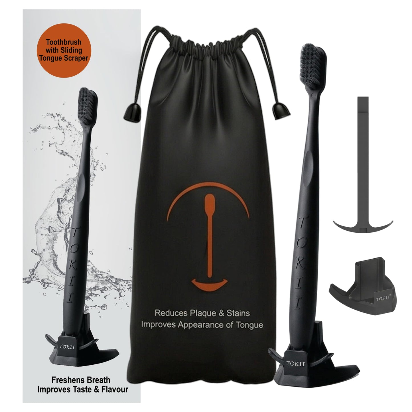 TOKII Tongue Scraper & Tongue Cleaner for Adults - Charcoal Infused Ultra Soft Bristles, Fights Bad Breath Naturally Includes Travel Toothbrush, Hygienic Stand and Waterproof Pouch (Black, Pack of 1)