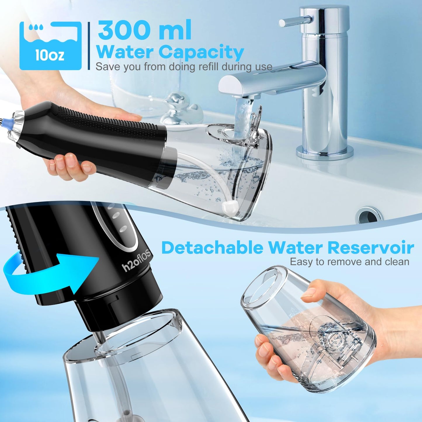 H2ofloss Water Dental Flosser Teeth Pick -Portable Oral Irrigator with 5 Modes, Rechargeable IPX7 Waterproof Orthodontic Teeth Cleaner Pick Cordless for Home Travel-300ml Water Tank