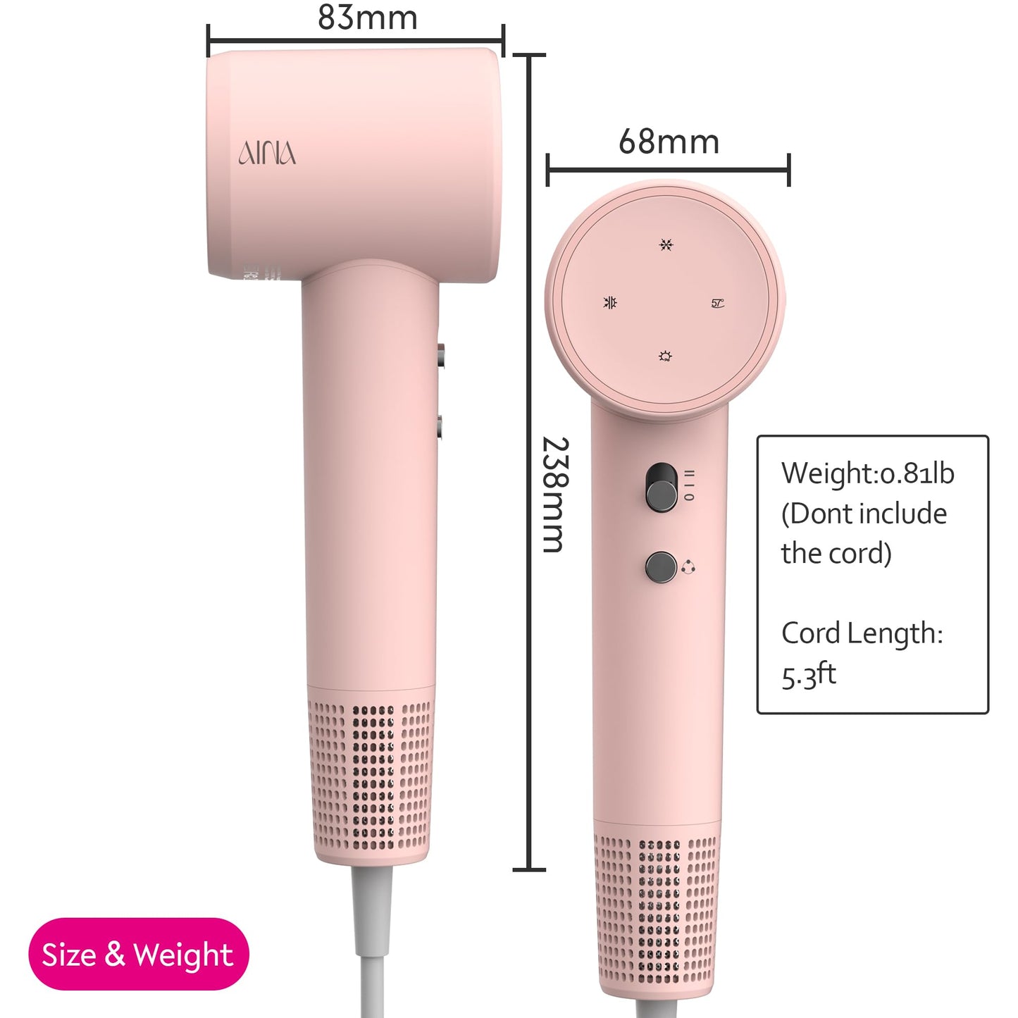AINA Hair Dryer,Blow Dryer with Diffuser Brush Comb for Women - BLDC Hair Dryer - Brushless Motor, 110,000 RPM Lightweight,Ionic Travel, 3 Magnetic Attachments 110V/ALCI(Baby Pink)