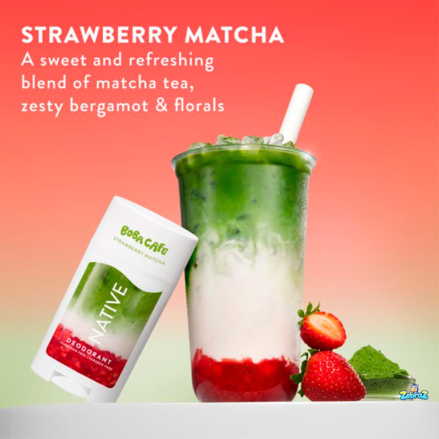 Native Aluminum Free Deodorant, Limited Edition Strawberry Matcha, 72 Hour Odor Protection, for Women and Men, Boba Café, 2.65oz - Pack Of 02