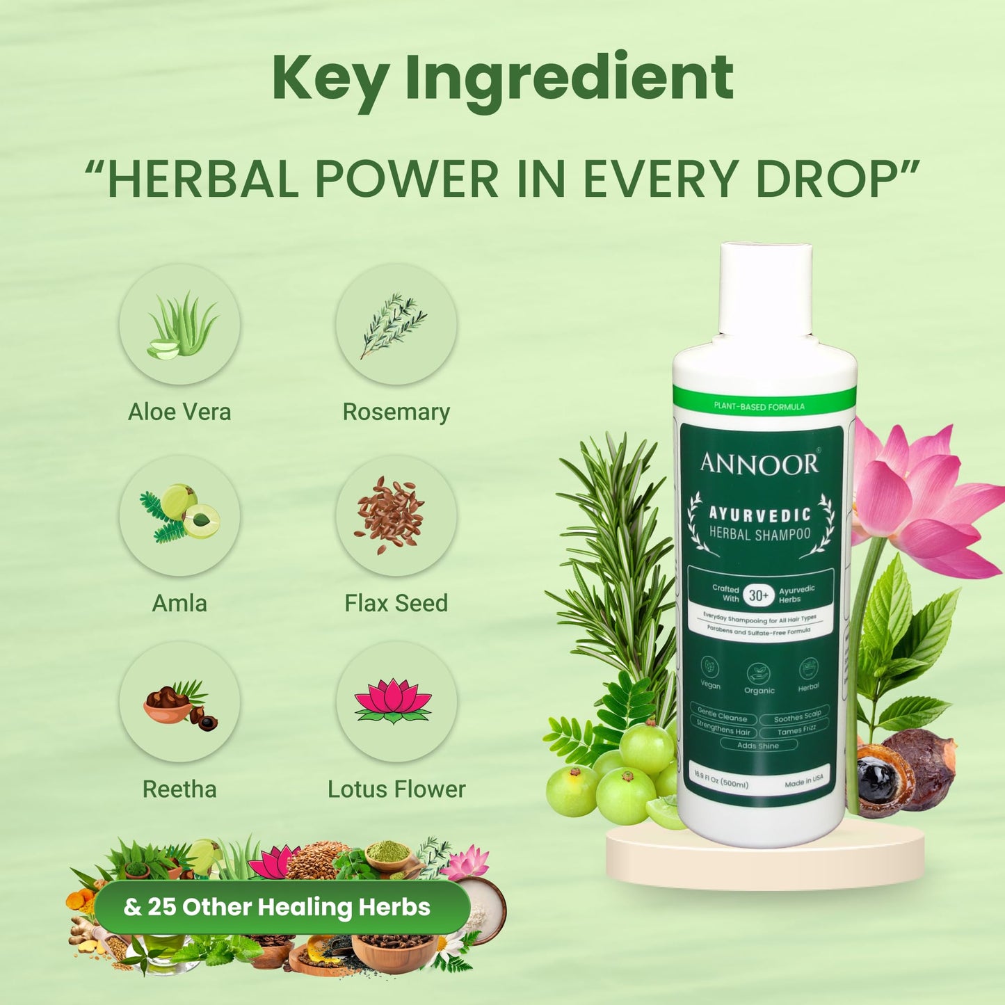 Annoor Ayurvedic Herbal Shampoo | Sulfate, Paraben & Silicone-Free | Plant-Based Vegan Formula with Amla, Reetha, Shikakai & 25 Herbs | Reduces Hair Fall | Soothes Itchy Scalp | Color-Safe 16 oz