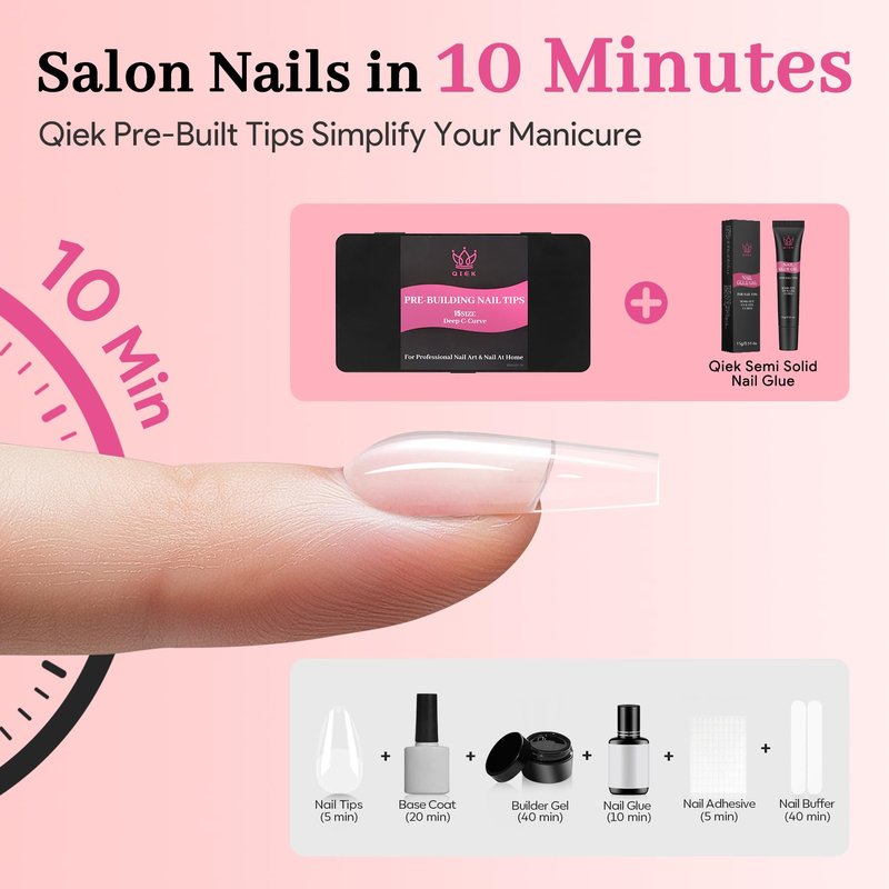 Qiek Medium Almond Pre-Building Nail Tips Kit, 15 Sizes 240 PCS Pre-shaped Apex Pink Thick Extensions Tip Soft Half Matte Press On Fake Nails Glue Gel Nail Lamp for DIY Beginners & Salon Manicure