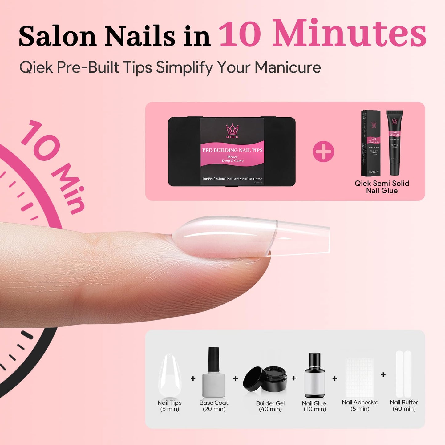 Qiek Medium Almond Pre-Building Nail Tips Kit, 15 Sizes 240 PCS Pre-shaped Apex Pink Thick Extensions Tip Soft Half Matte Press On Fake Nails Glue Gel Nail Lamp for DIY Beginners & Salon Manicure