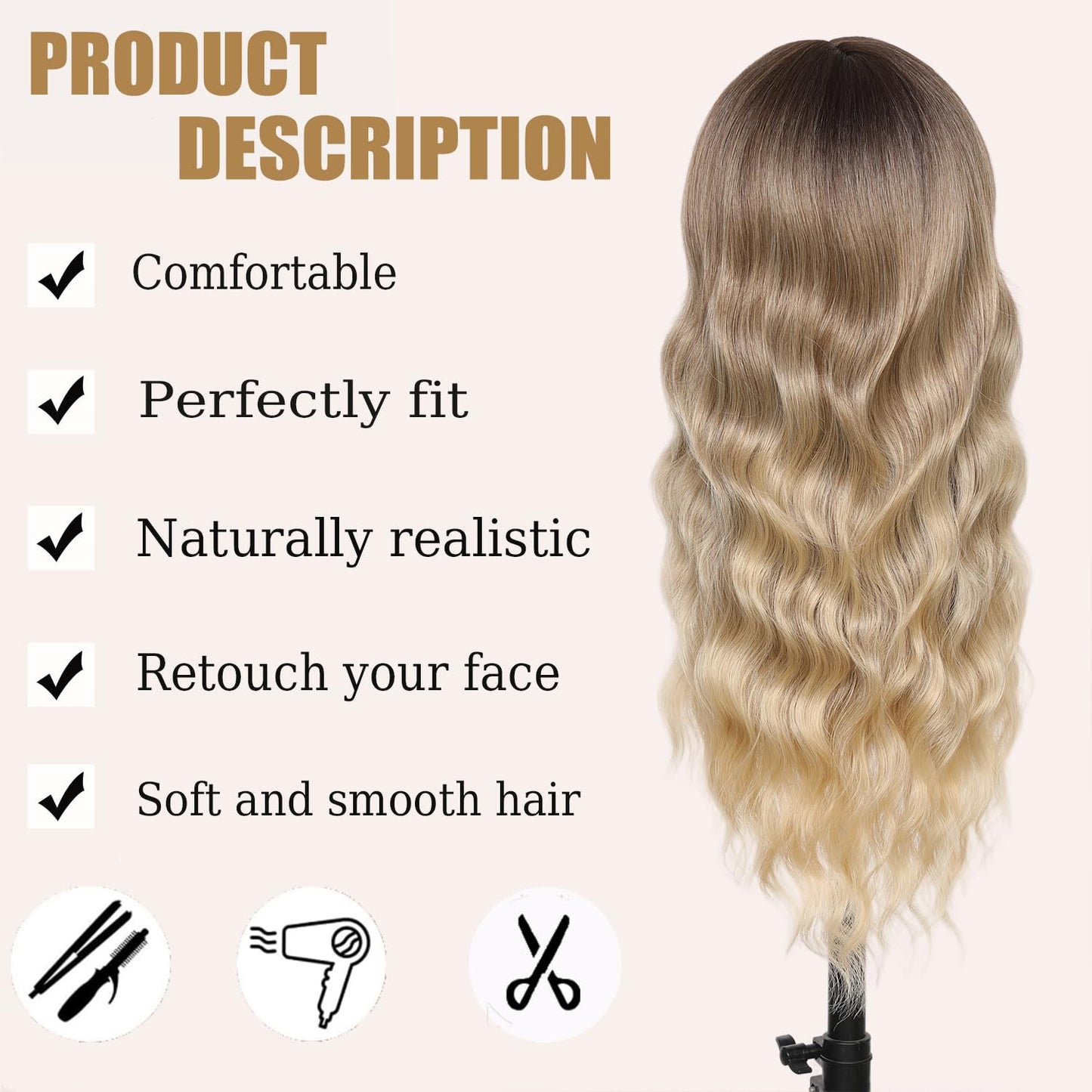 punhurt Blonde Wig with Bangs 26inch Long Synthetic Wig Wavy Curly Ombre Wigs with Dark Root Heat Resistant Fiber Wigs for White Women