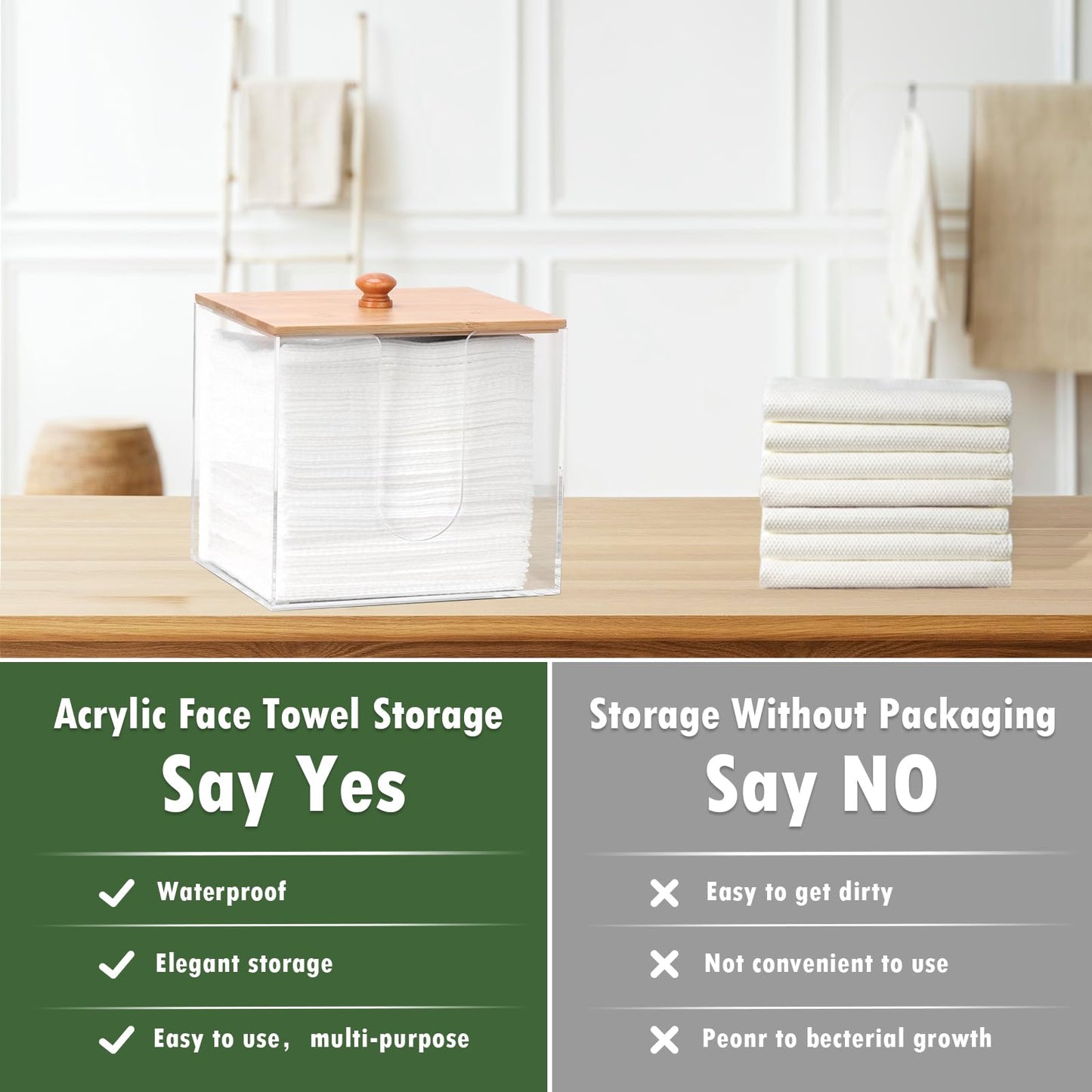 DLUGOPIS Disposable Face Towel Storage Box with Bamboo Lid XL Acrylic Face Towel Container Facial Towel Holder Clean Towels Box Dryer Sheet Container for Face Towels Wipe Bathroom Laundry Room