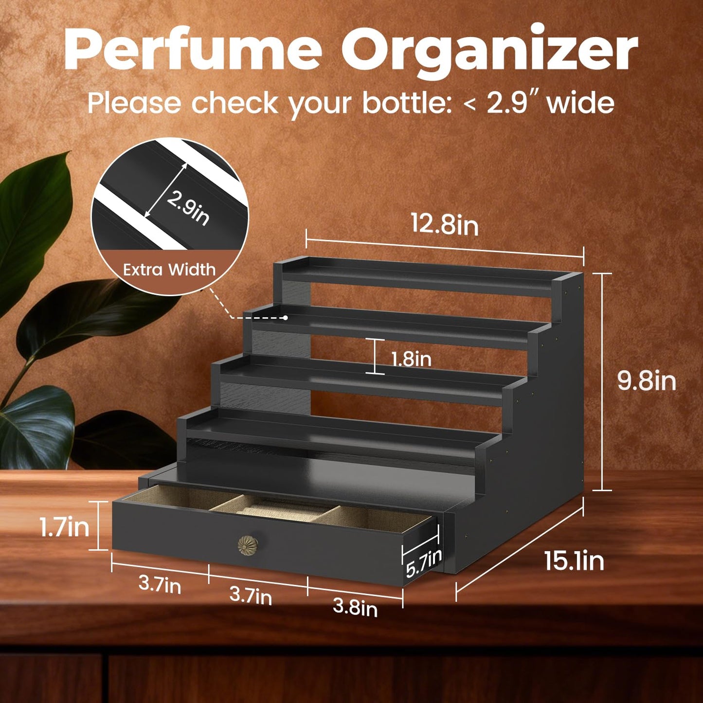 EsLuker.ly Perfume Organizer Cologne Holder Stand for Men, Wooden Cologne Display Shelf for Bedroom Dresser Countertop, 5 Tier Large Capacity Storage Rack with Drawer, Keep Fragrance Neat & Accessible