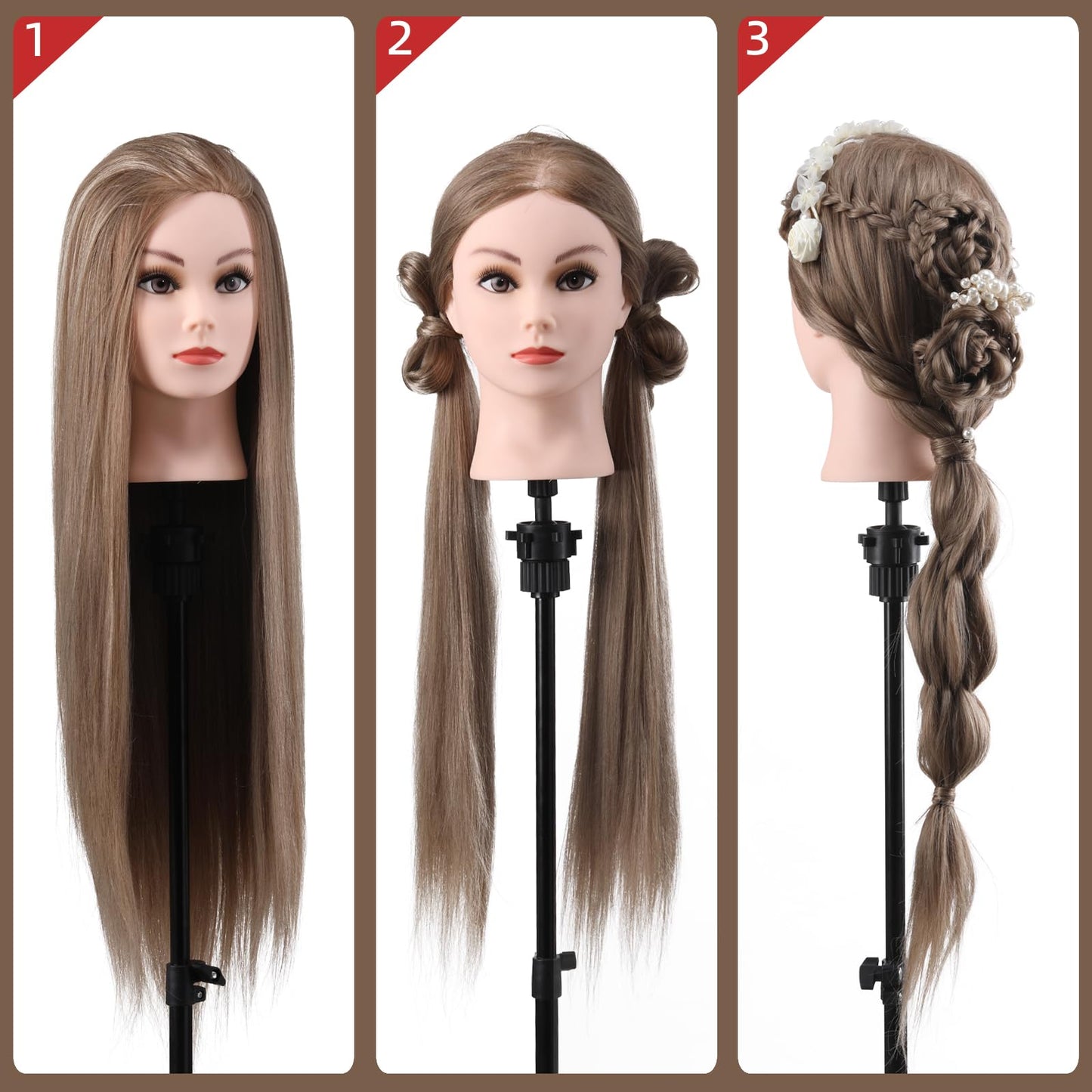 Mannequin Head with Hair, 26" Hair Mannequin Manikin Head Hair Practice Cosmetology Hair Doll Head Styling Hairdressing Training Braiding Cutting Setting with Clamp Holder and Tools