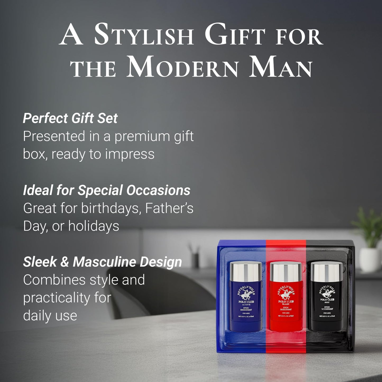 Beverly Hills Polo Club Men’s Deodorant Stick Gift Set – 3 Piece Collection (Active, Blaze & Sexy) – Long-Lasting Solid Stick Deodorants for Daily Freshness & Odor Protection – 3 x 2.5 oz / 75 ml
