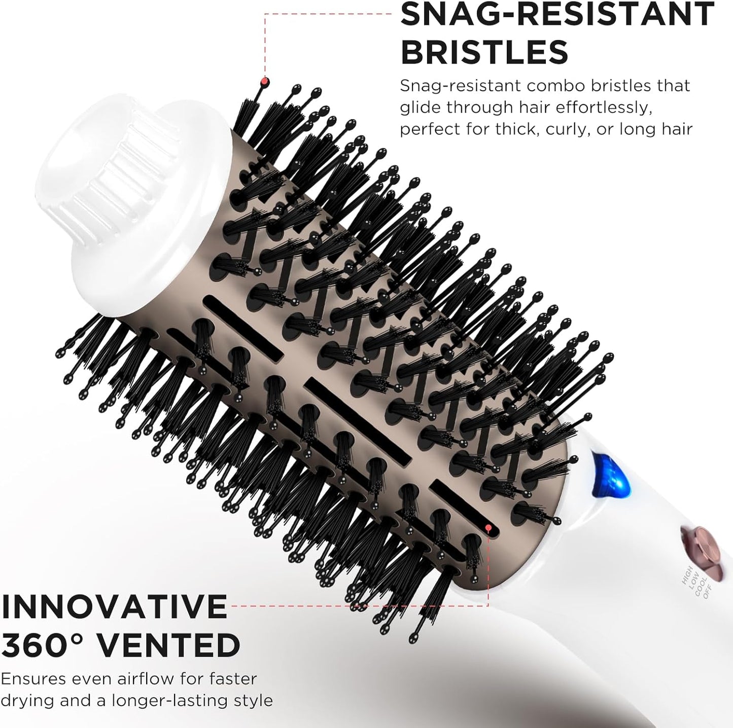 Aima Beauty Blow Dryer Brush - Ionic Ceramic Hot Air Brush for Frizz-Free Styling | 2.3" Oval Barrel, 3 Heat Settings, White