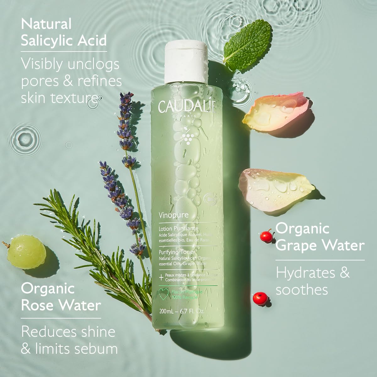 Caudalie Vinopure Natural Salicylic Acid Pore Minimizing Toner, 6.7 Ounce