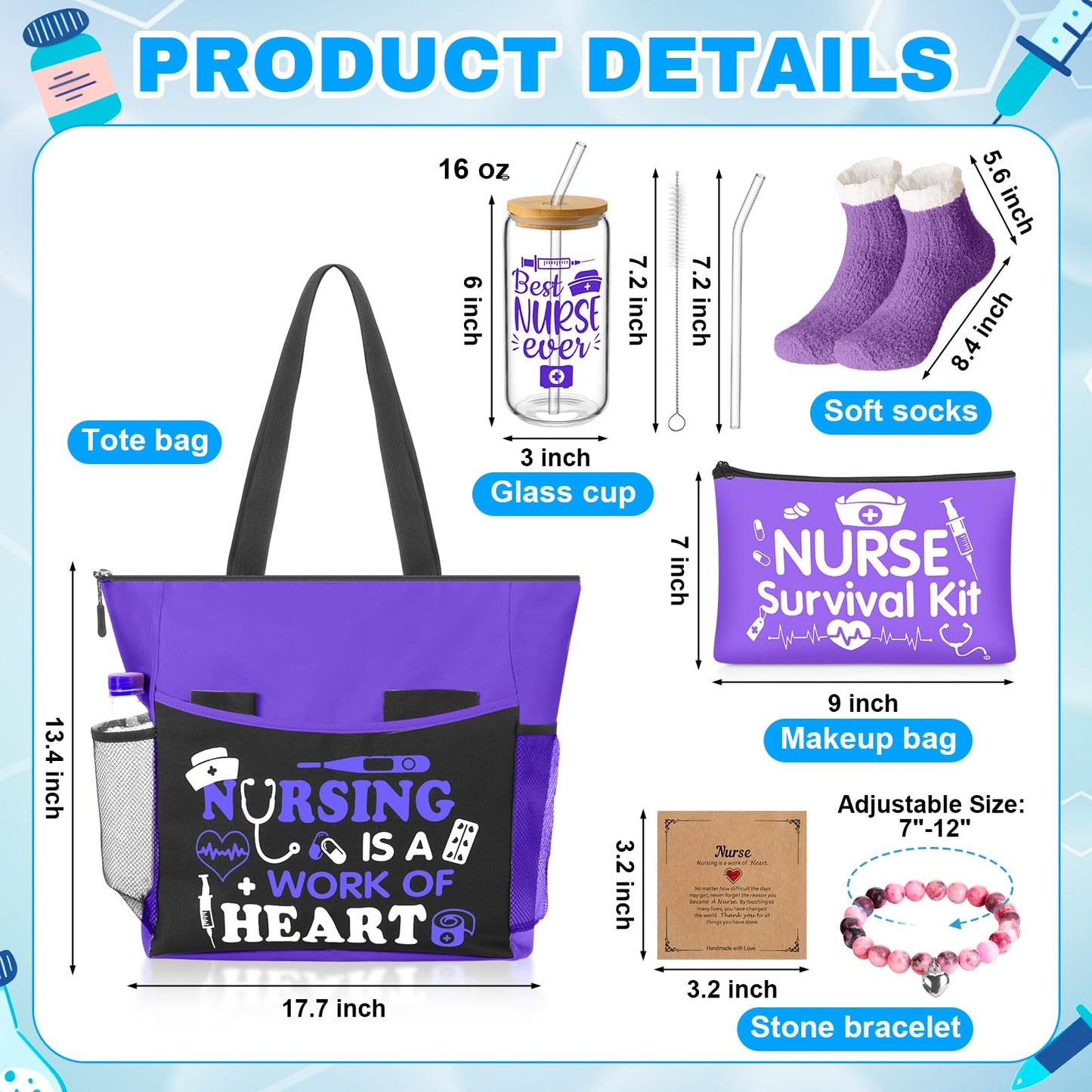 Yetene 5 Pcs Nurse Gifts for Women Tote Bag Makeup Bag 16 oz Glass Cup Bracelets Sock Gift Graduation Female(Purple,Nurse)