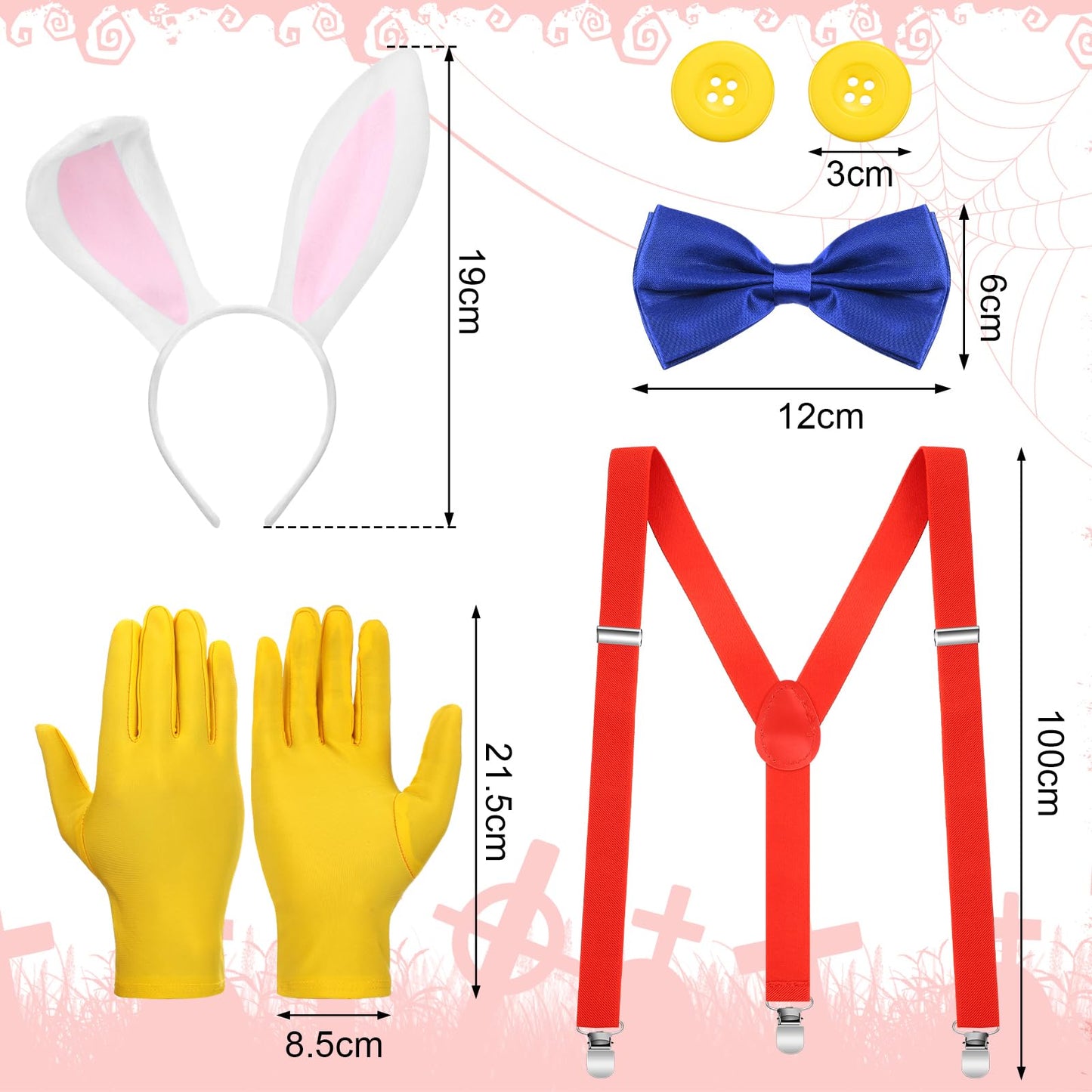 HooLing 10 Pcs Halloween Rabbit Couple Costume Accessory Set Include Red Wig Bunny Ears Headband Gloves Plastic Holder Satin Bowties Y Back Suspenders Buttons and Earrings for Adults Cosplay Party