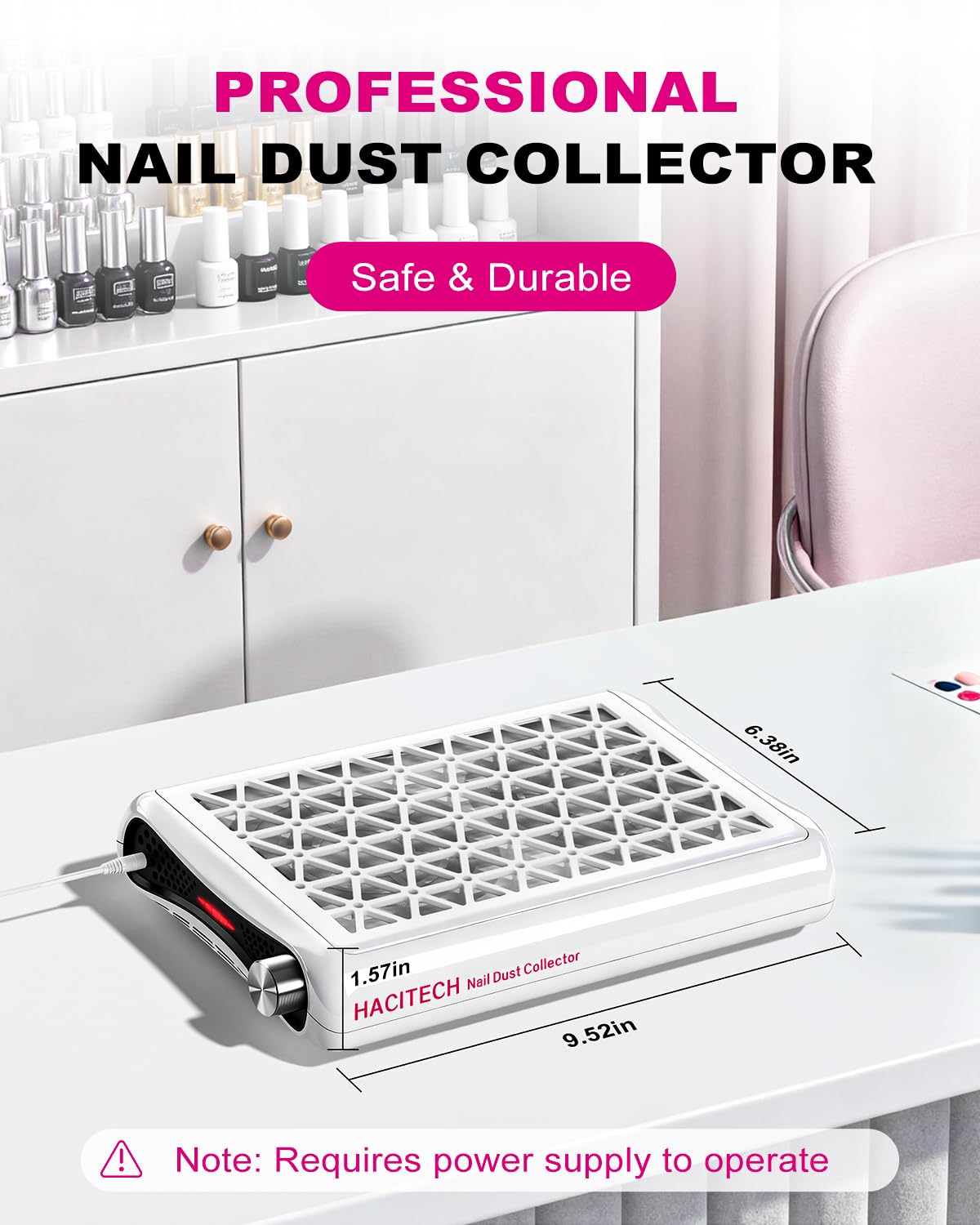 HACITECH Nail Dust Collector | 1600PA Strong Suction, 10-Level Adjustable Speed, 30 Filter Paper Included | Salon & Home Dust Collector Nail Tech