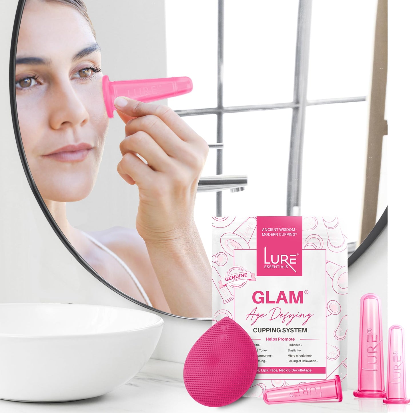 Glam Facial Face Cupping Set - Cupping Therapy Sets Massage Kit with Silicone Cleansing Brush for Instantly Ageless Skin, Works for Fine Lines & Wrinkles, Improves Collagen (GLAM - Pink)