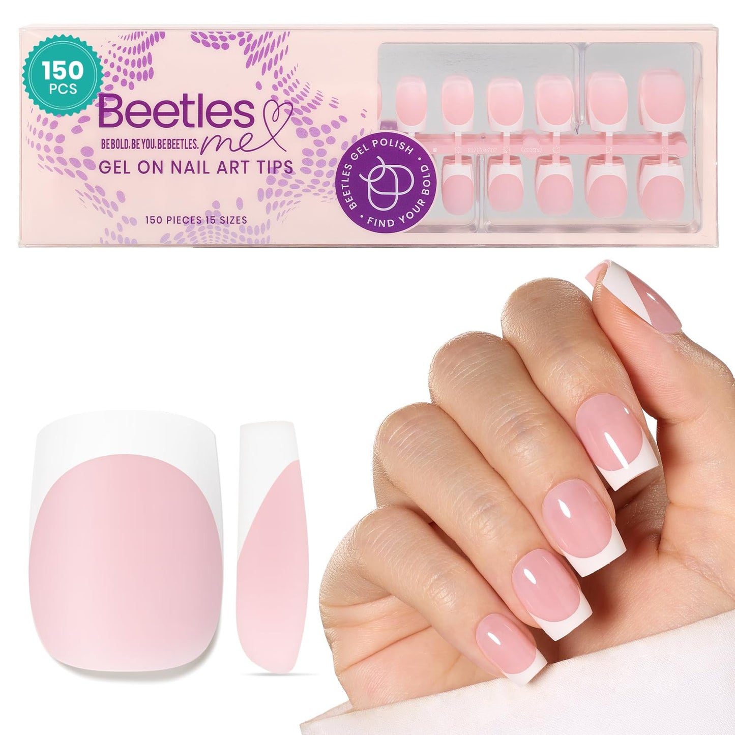 Beetles Top Coat Base Gel & Nail Glue Set-3Pcs No Wipe Top Coat,with Beetles French Tip Press On Nails - 150 Pcs Pink Short Square French Gel Nail,