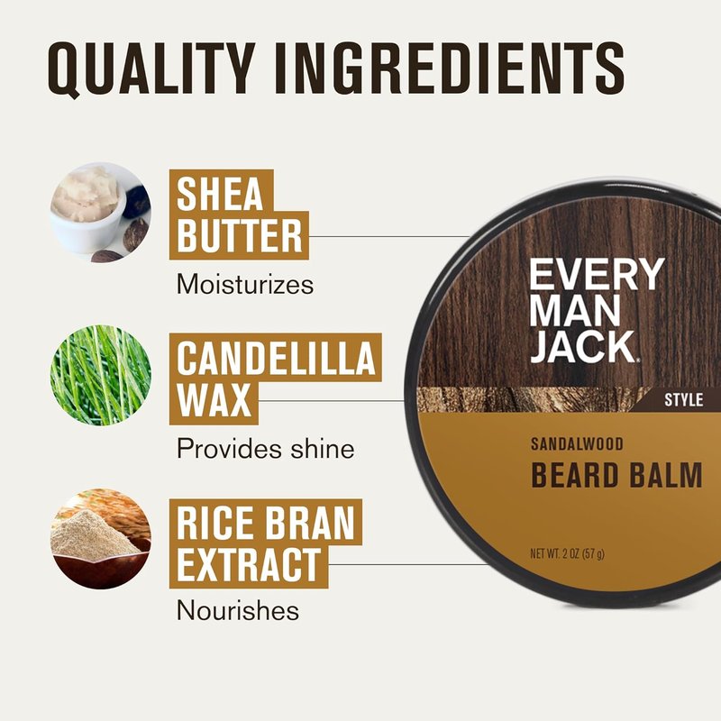 Every Man Jack Beard Grooming Kit - Sandalwood Beard Oil, Balm, Brush & Dual-Sided Comb | Complete Care Set