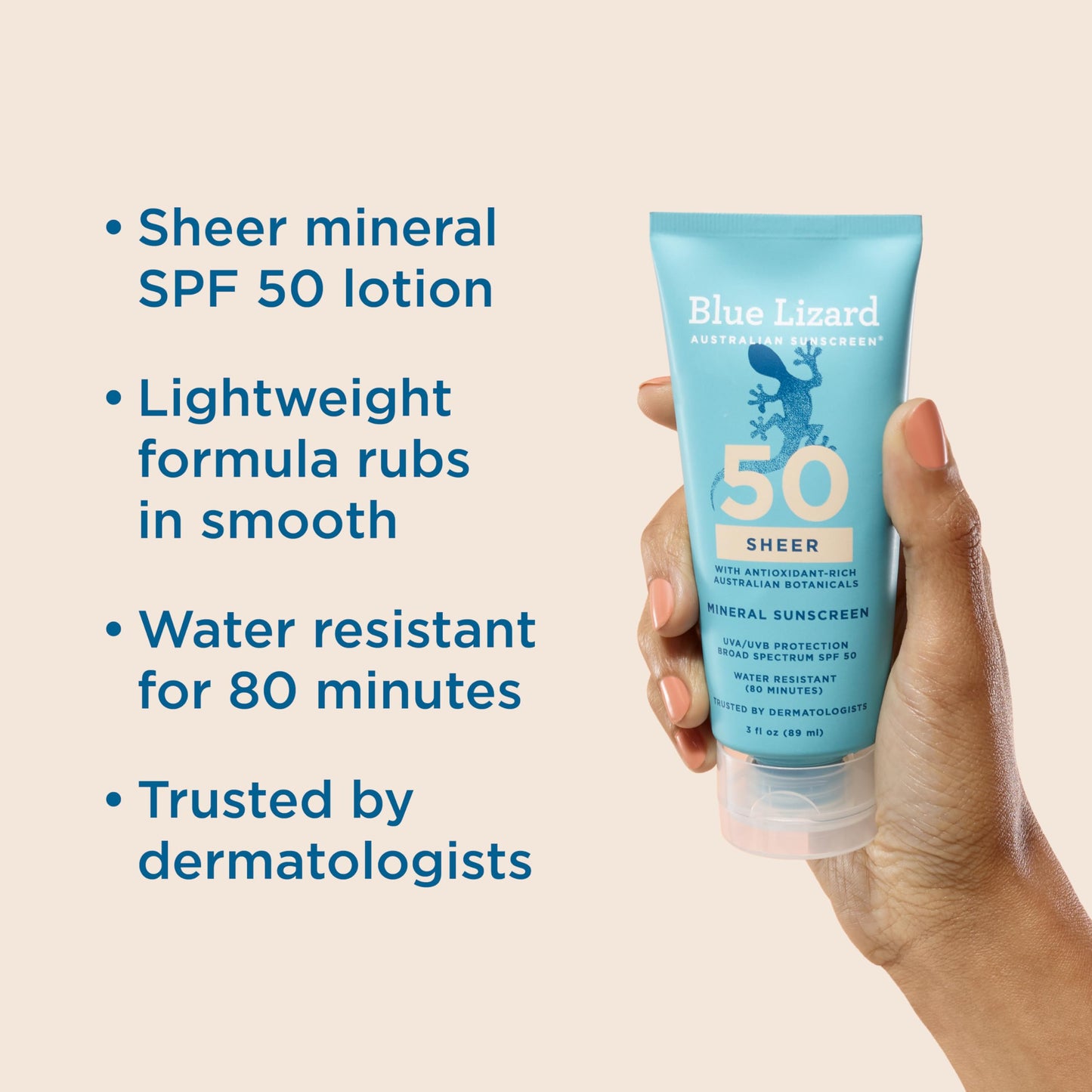 Blue Lizard Sheer Mineral SPF 50 Sunscreen Lotion, Zinc Oxide, 100% Mineral Formula, Rubs In Smooth, Nourishes with Australian Desert Lime and Peach, Paraben- free, Fragrance-Free, 3 fl oz