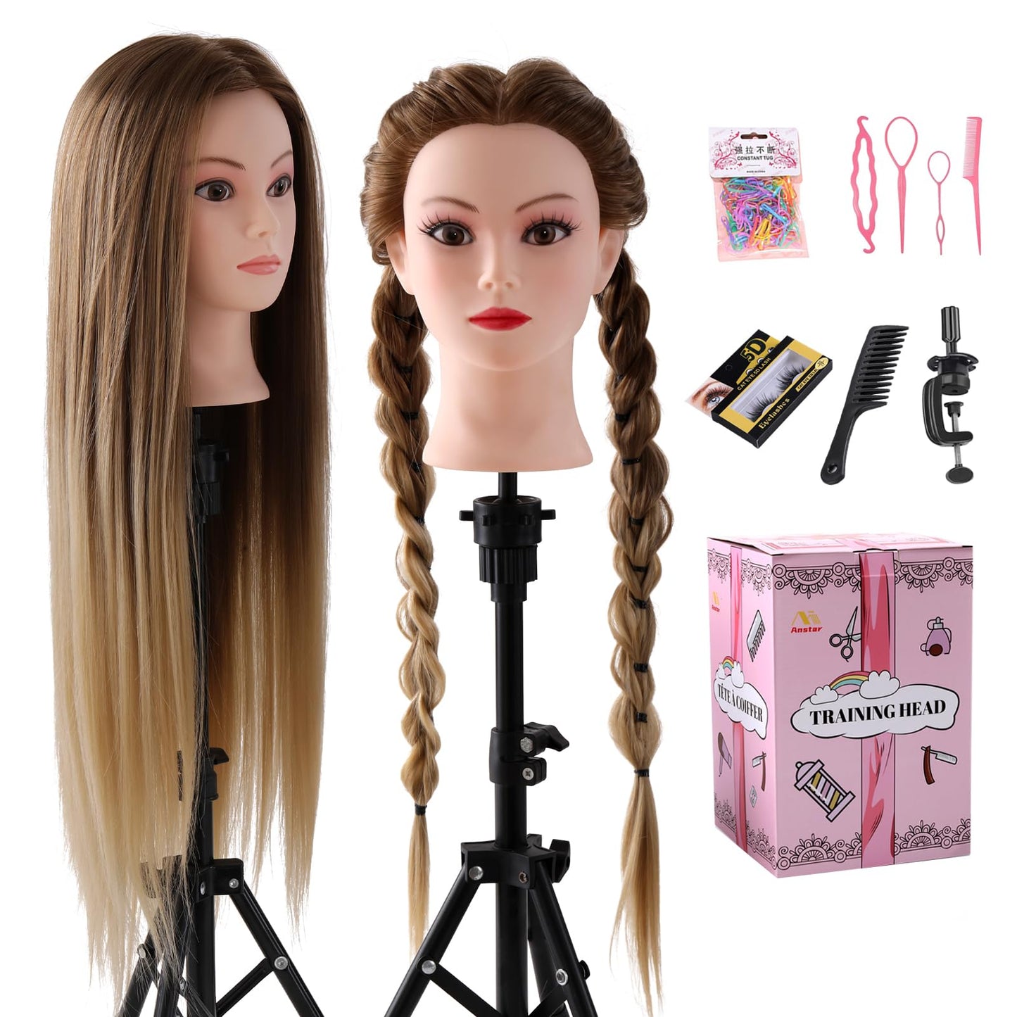 Mannequin Head with Hair, Mannequin Cosmetology Manikin Practice Doll Head for hair styling Braiding Hairdressing Head with Table Clamp + DIY Hair Styling Set
