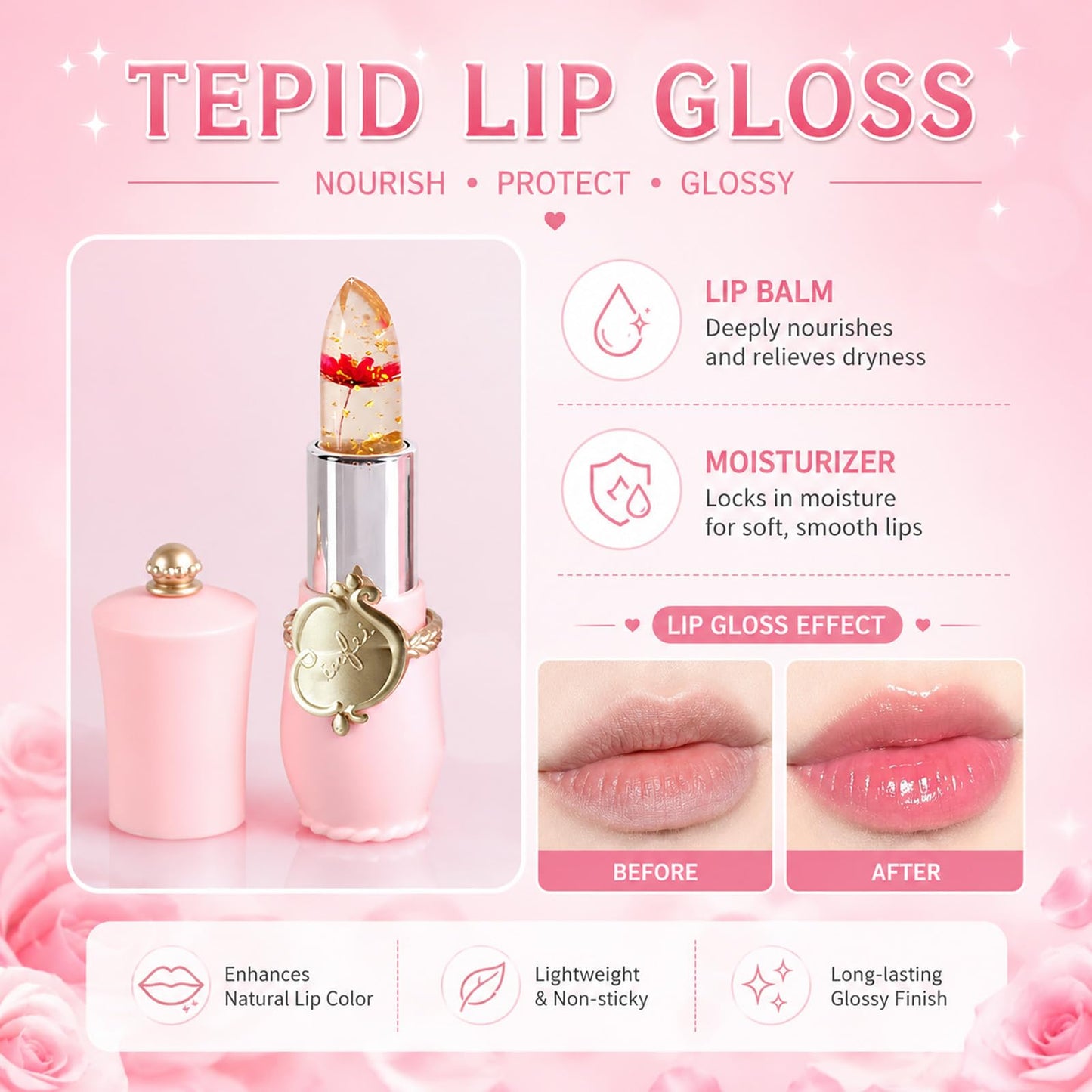 Pack of 6 Crystal Flower Jelly Lipstick, Long Lasting Nutritious Lip Balm Lips Moisturizer Magic Temperature Color Change Lip Gloss, Birthday Day Gifts, Bridesmaid Gifts, Bulk Gifts for Women(Pink)