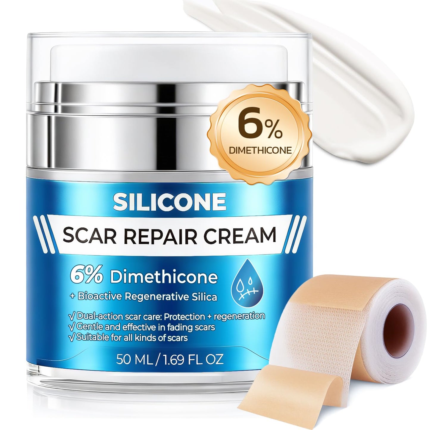 MythosFlow Scar Cream 6% Dimethicone Silicone Cream for Scars, Advanced Scar Removal Cream for Surgical, C-Section, Acne, Keloids, Burns, Old & New Scars, with Scar Tape, 1.69 fl.oz + 1.5m