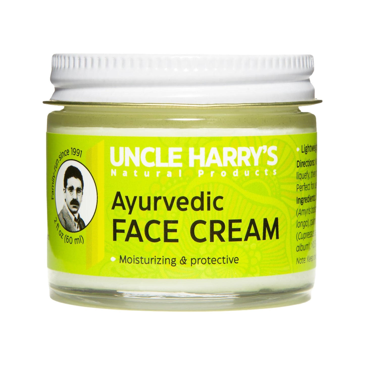Uncle Harry's Natural Products Ayurvedic Face Cream with Jojoba Esters and Pure Essential Oils of Turmeric, Sandalwood, Palmarosa, and Cypress – For Day and Night Use, Vegan, 2 Fluid Ounce Glass Jar