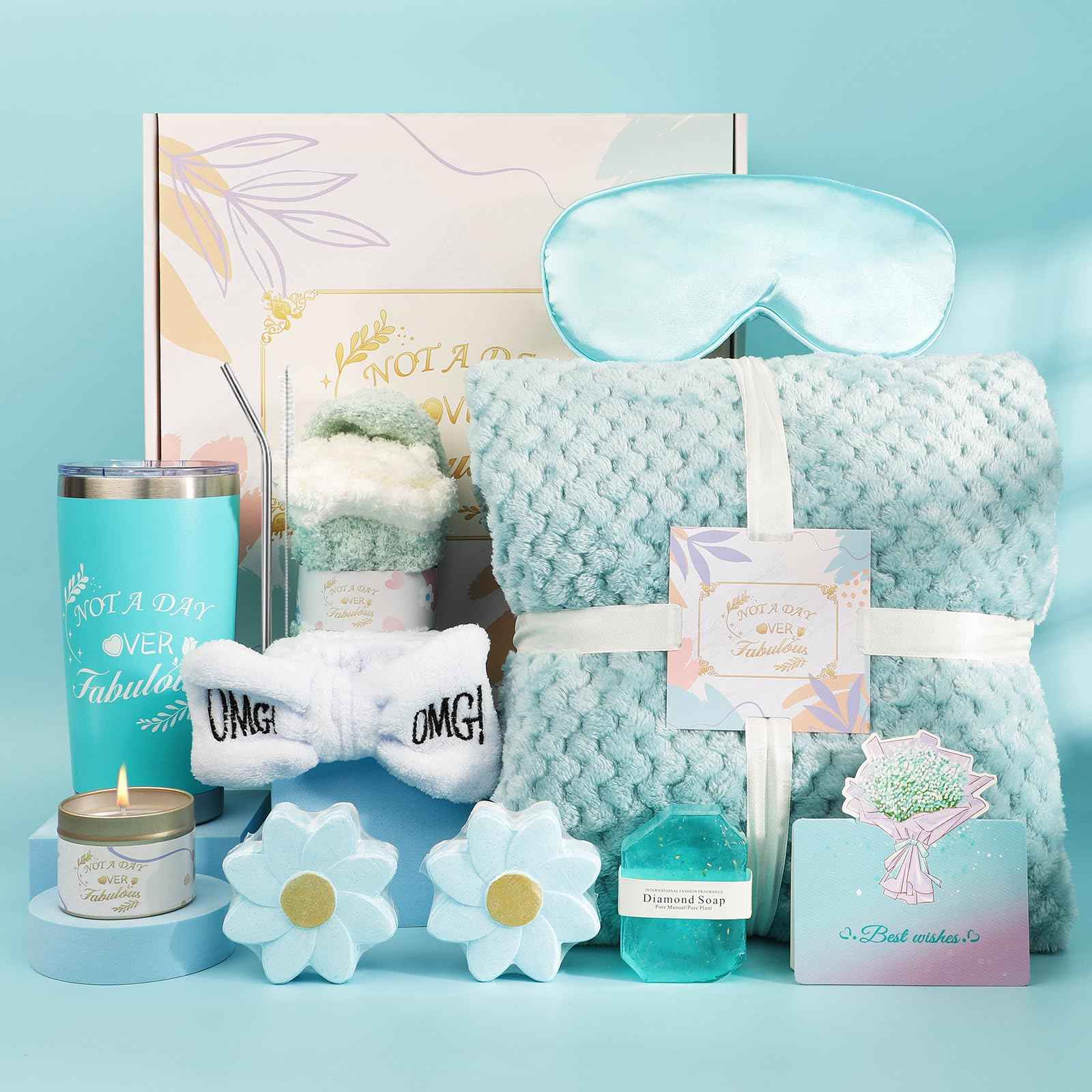 Luxury Spa Gift Basket for Women -Self Care Birthday Gifts Set with Bath Bombs,Bath Salts,Flannel Blanket&Soy Candle Relaxing Gifts for Wife,Mom,Best Friend,Her Perfect For Mother's Day(Blue)