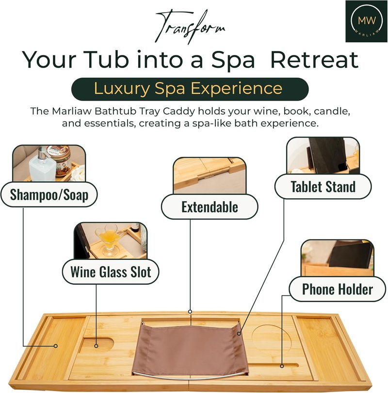Luxury Bamboo Bathtub Tray - Foldable Spa Caddy with Wine Glass & Tablet Holder | Adjustable, Waterproof, Perfect Gift for Couples