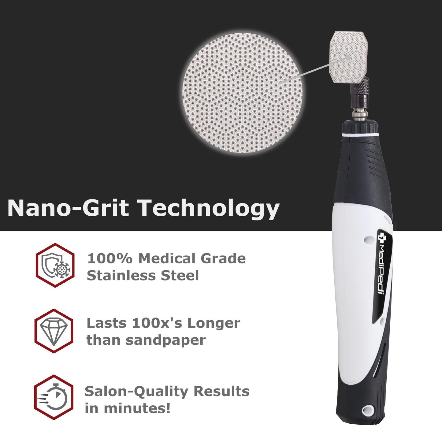 Stainless Steel Electric Pedicure File with Reusable Coarse and Fine Heads, Metal Foot File Callus Remover for Feet. Effortlessly Removes Calluses, Dead Skin for Smooth Healthy Feet