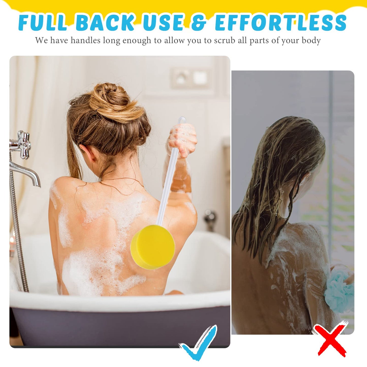 Yetene 3 Pcs Long Handle Bath Sponge 22.4'' Back Sponge on a Stick Lightweight Back Washer Handled Butt Scrubber Shower Brush for Foot Body Cleaning Bathing Limited Motion, Yellow(Round Style)
