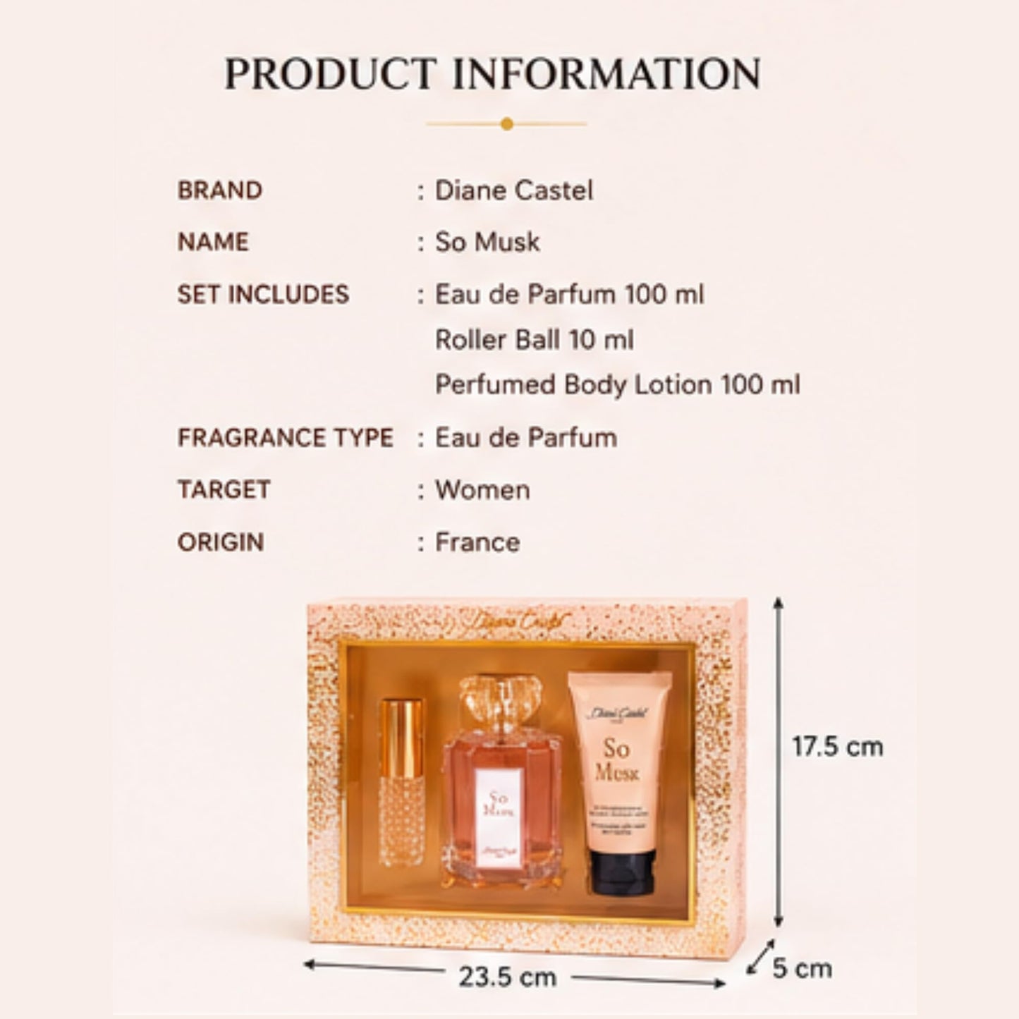 Diane Castel So Musk Gift Set - Musky Floral Scent - Perfume for Women and Body Lotion - Women Perfume with Notes of Orange Blossom, Osmanthus - 3 pc