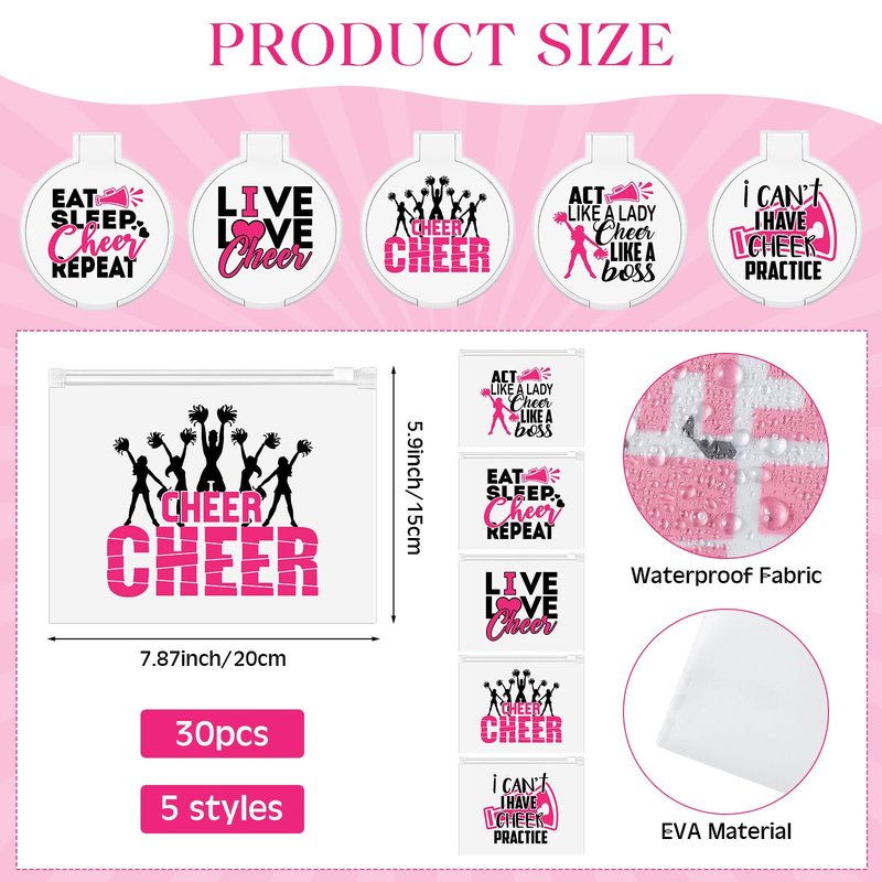 Huquary 121 Pcs Cheerleader Gifts Kit 30 Zipper Portable Cheer Makeup Bag 30 Keychain Wristband Mirror 1 Bag Waterproof Cheer Stickers for Women Girls Cheerleader Teammates