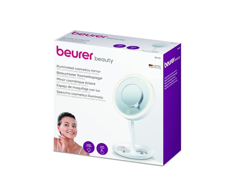 Beurer 5X Illuminated Vanity Mirror - Touch Sensor, Cordless, 360° Rotation | White LED Light & Storage Tray