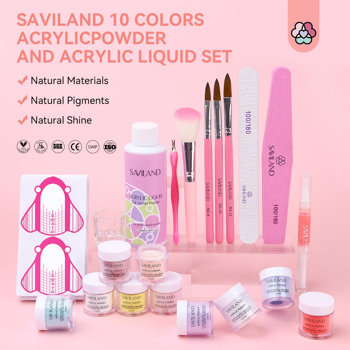 SAVILAND Acrylic Nail Set – 10 Colors Glitter Nudes Acrylic Powder and Acrylic Liquid Acrylic Nail Brushes Nail From Dappen Dish Cuticle Oil Manicure Tools for Acrylic Application at Home & Salon Use