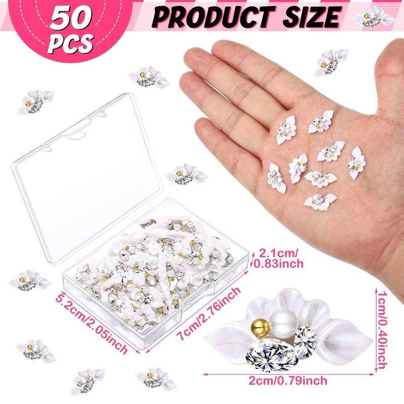 Tinlade 50 Pcs White Flower Nail Charms 3D Acrylic Flower Beads for Nail Gems and Rhinestones with Pearl Beads Crystals Blossom Art Accessories for Women DIY