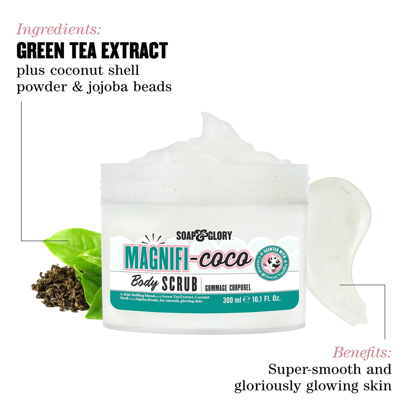 Soap & Glory Magnificoco Buff and Ready Coconut Body Scrub - Smoothing & Buffing Body Scrub - Coconut Scented Body Polish - Brightening with Green Tea Extract (300ml) (Pack of 2)