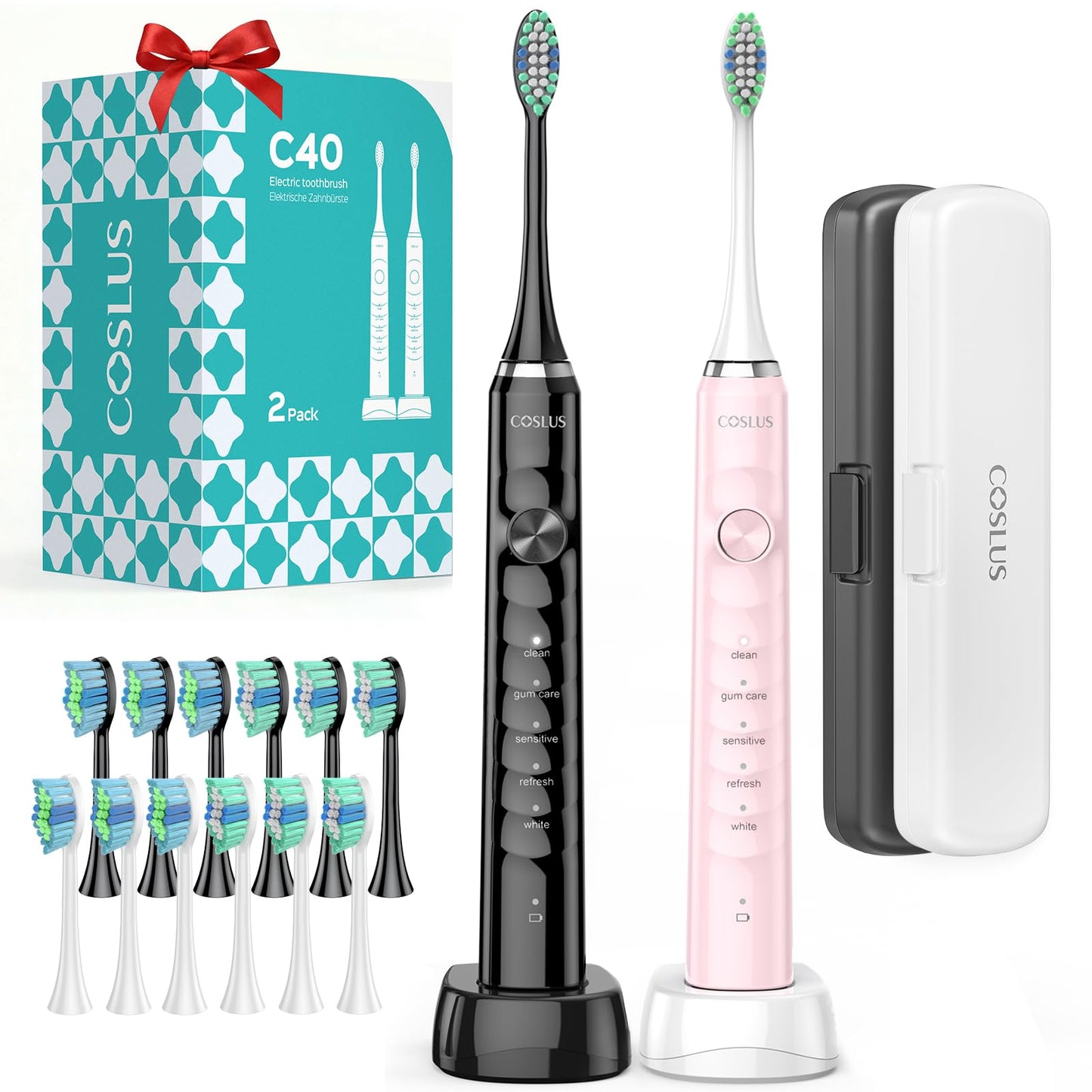 COSLUS C40 Sonic Electric Toothbrush for Adults: 47000 VPM for Deep Cleaning & Whitening with Travel Case - 5 Modes for Sensitive Teeth & Braces, Wireless Charging, 6 Brush Heads, Black & Pink (2PCS)