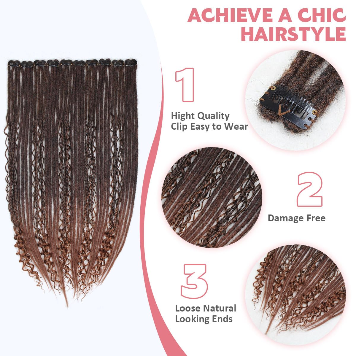 24 Inch Clip in Dreadlock Hair Extensions 10Clips 40 Strands Mixed Synthetic Dreads Extensions for Women,Handmade Soft Straight Boho Wavy Dreads,1B/30