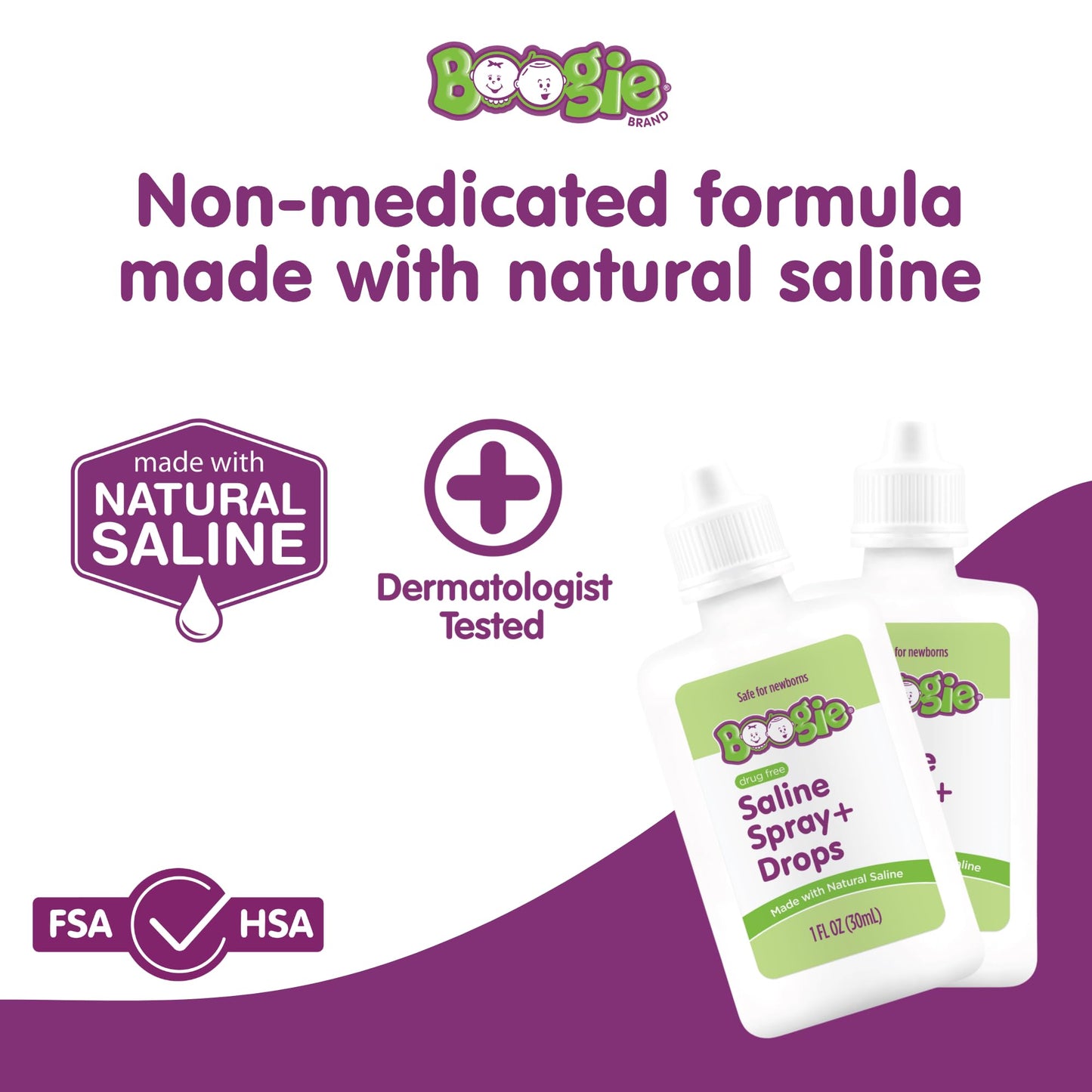 Boogie Baby Saline Nasal Spray and Drops, Allergy Relief, Nasal Spray Decongestant, FSA/HSA Eligible, Made with Natural Saline, 1 Ounce (Pack of 2)