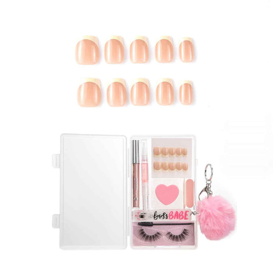 French Tip Press-On Nails Set - 30 PCS Elegant Pink Squoval Design for Women