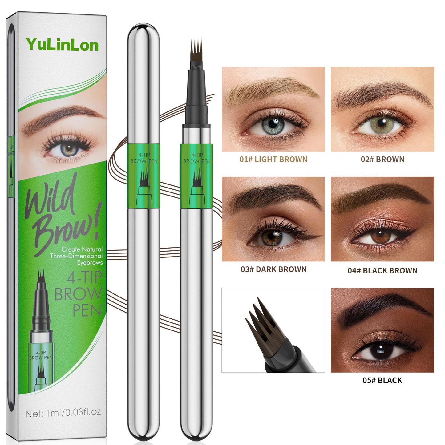 4-Tip Liquid Brow Pen,Ultra Fine Tip,Brows,Liner,Beard,Hair(3# Dark Brown)