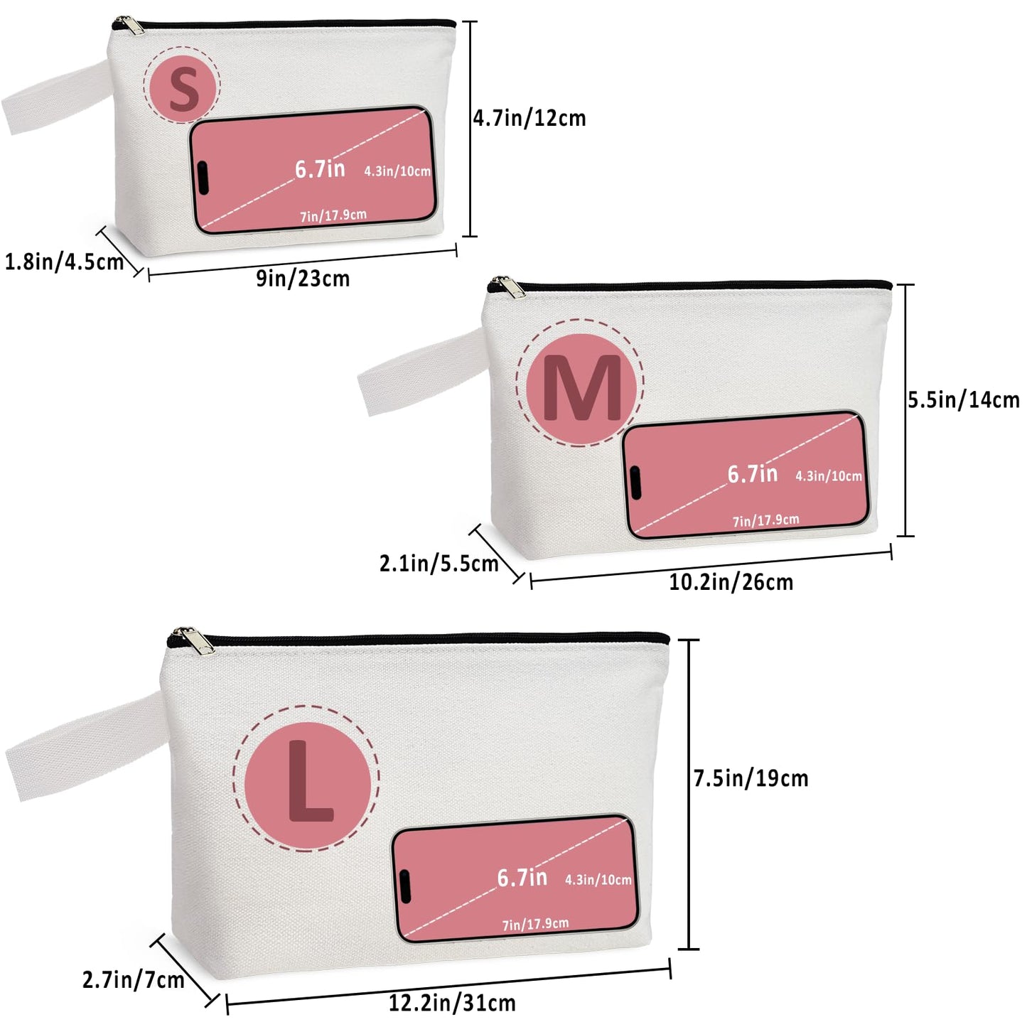Koolmox 20 12Oz Canvas Pencil Pouch with Bottom and Strap, Multi-purpose Cotton Canvas Zipper Travel Toiletry Pouch, Blank for DIY Sublimation (White Bag w/Black Zipper, M, 10.2x5.5x2.1'')