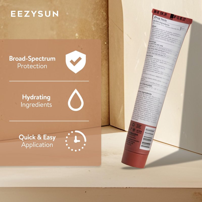 EEZYSUN BARE Tinted Sunscreen for Face SPF 50 - Non-Greasy, Weightless, Water-Resistant, Vegan & Reef-Safe Tinted Moisturizer with SPF, Hyaluronic Acid, Jojoba Oil - All Skin Types, 1.69 fl oz - Tan