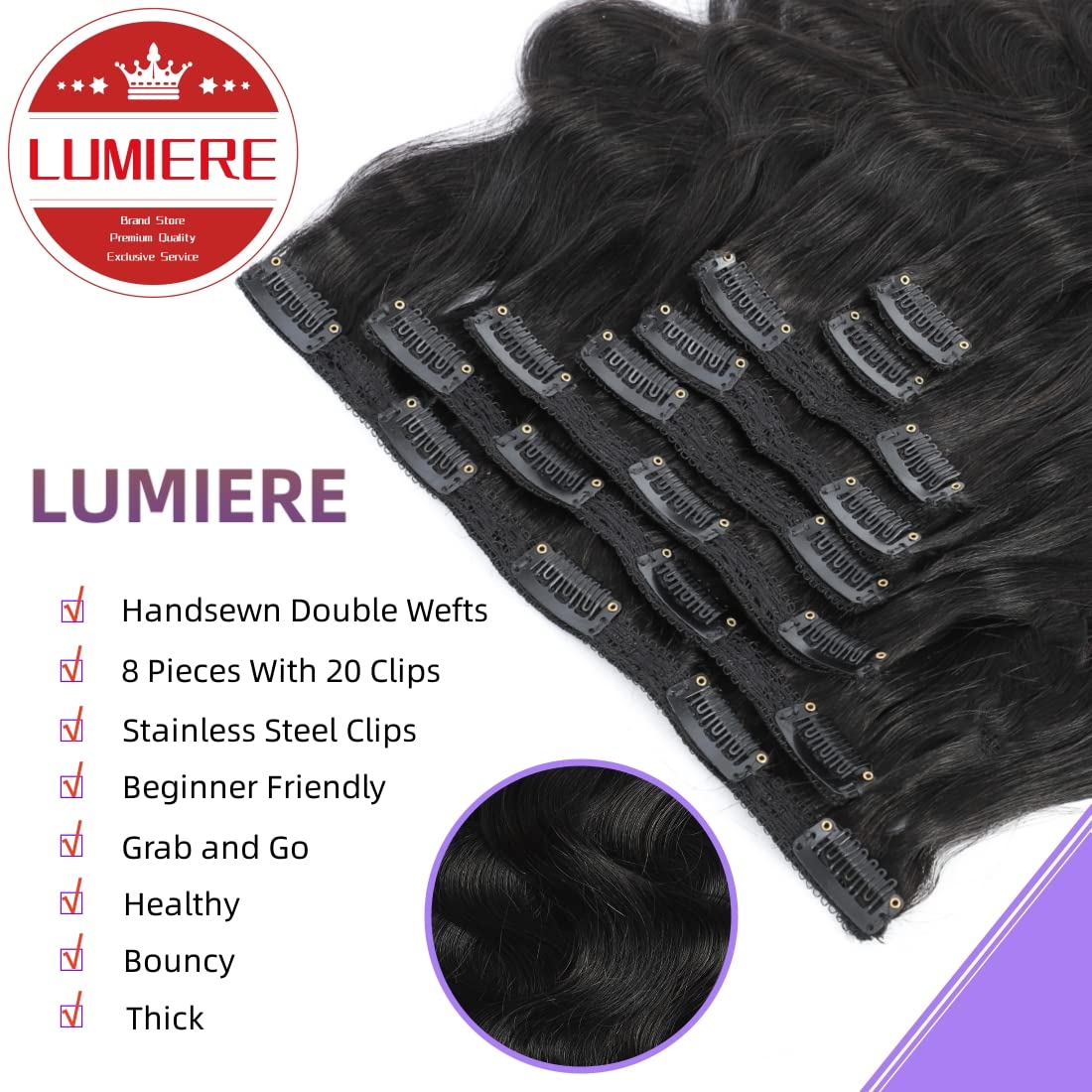 LUMIERE Clip In Hair Extensions Real Human Hair - 8 Inch Glueless Body Wave Hair Extensions Clip Ins 110g Grade 10A Brazilian Remy Hair 8Pcs With 20Clips Bob Hair Thick and Soft Natural Black