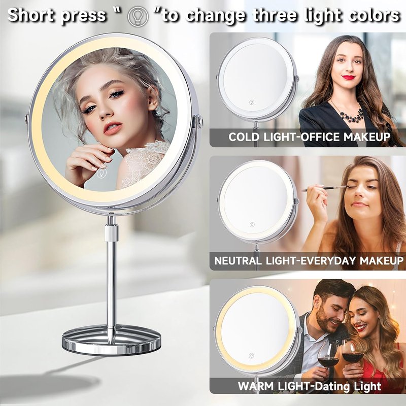 Magnifying Makeup Mirror with Lights - 9" Dual-Sided Vanity Mirror | 3 Color Settings, 3000 mAh Rechargeable, 360° Rotation