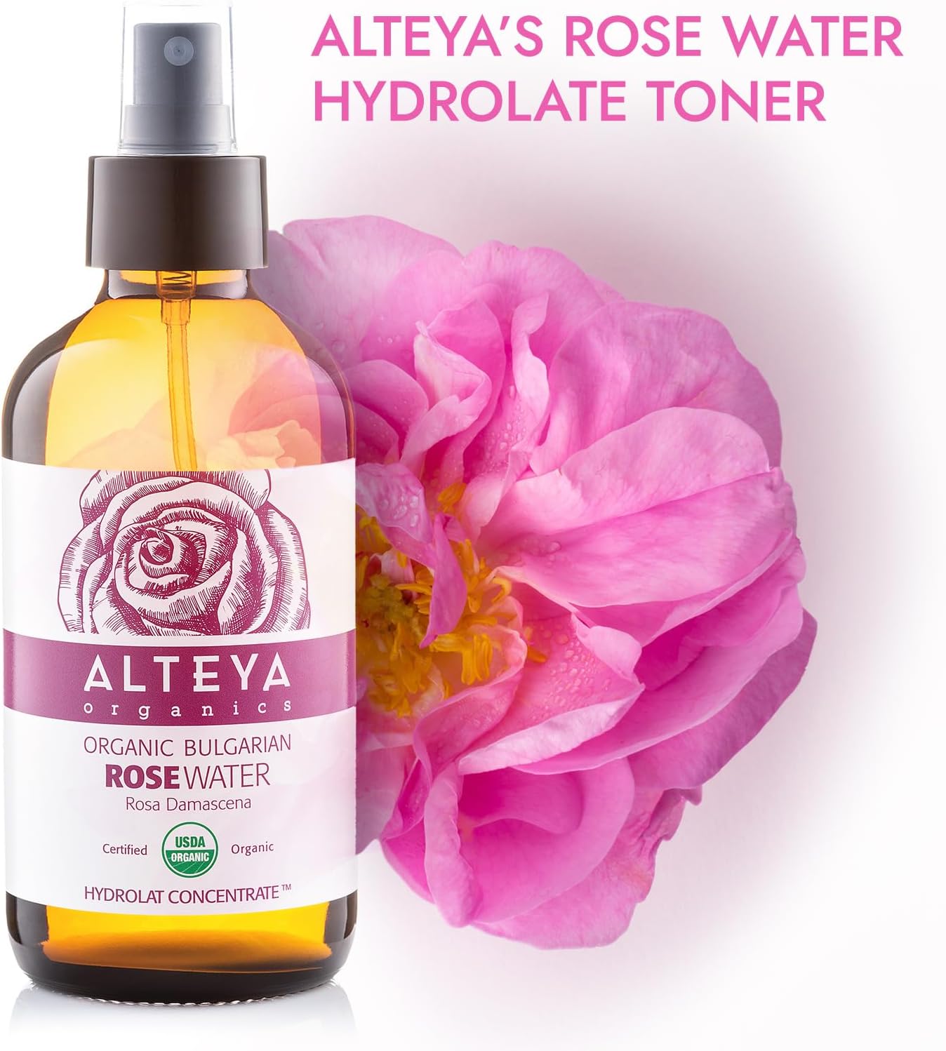 Alteya Organics Rose Water - USDA Certified Organic Facial Toner | 8 Fl Oz Pure Bulgarian Rosa Damascena