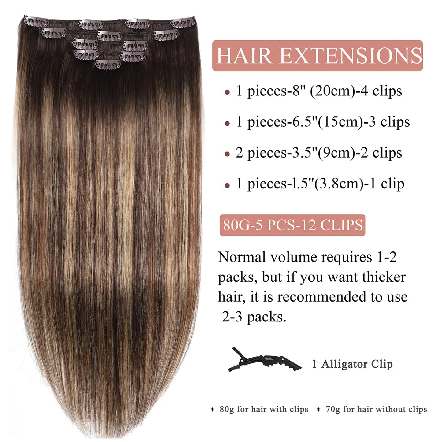 Hair Extensions Real Human Hair Clip in Hair Extensions Straight Remy Human Hair Extensions Clip ins Chocolate Brown to Caramel Blonde Clip in Extensions for Women Double Weft 16 Inch 5pcs